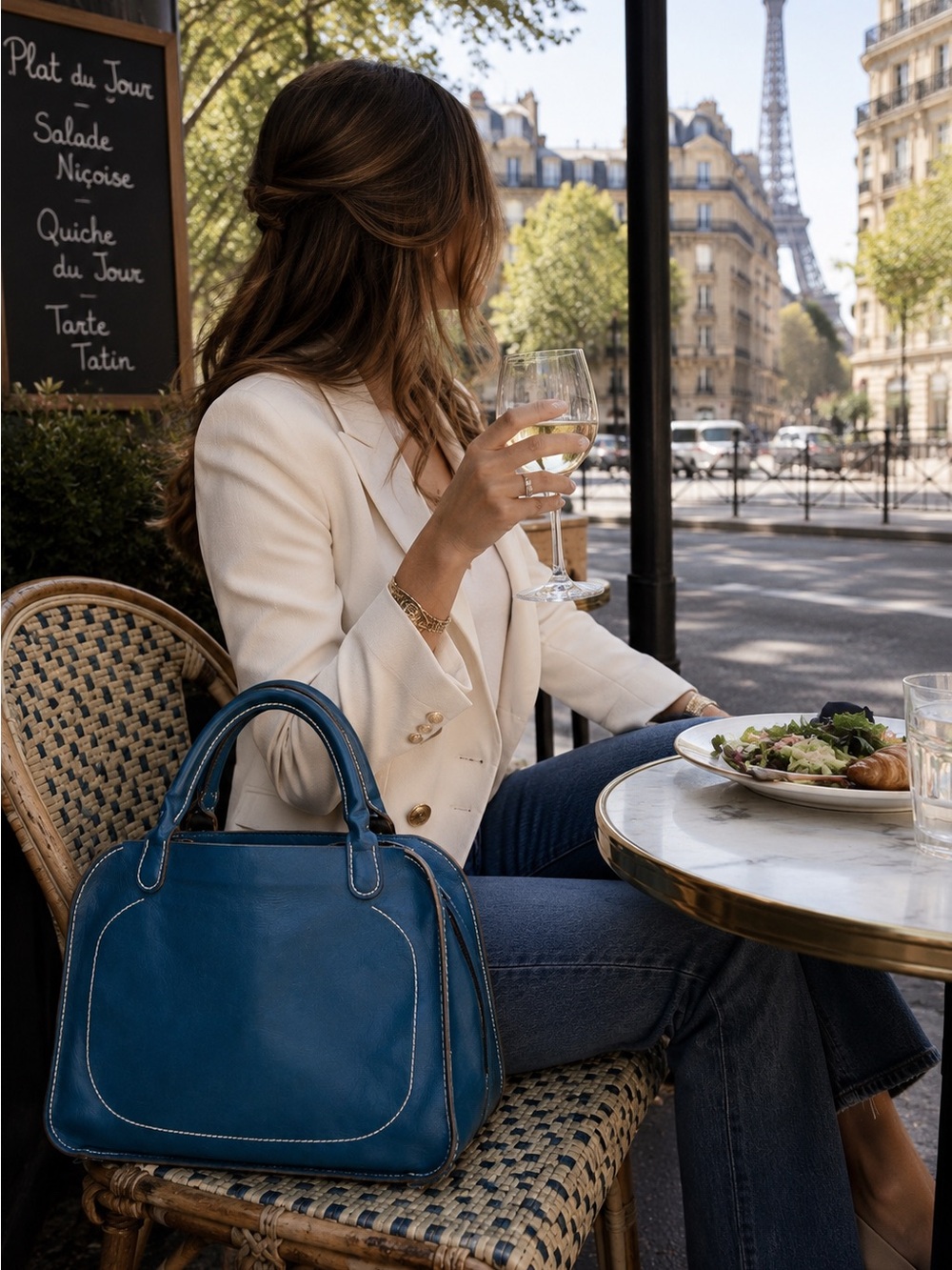 French Artisan Handcrafted Leather Satchel Turquoise Blue Top Handle Bag - Picture 5 of 12